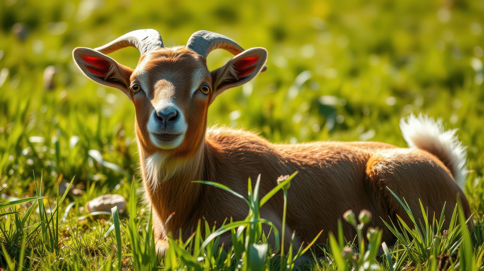 Goat resting in a lush green pasture under bright sunlight during late afternoon hours